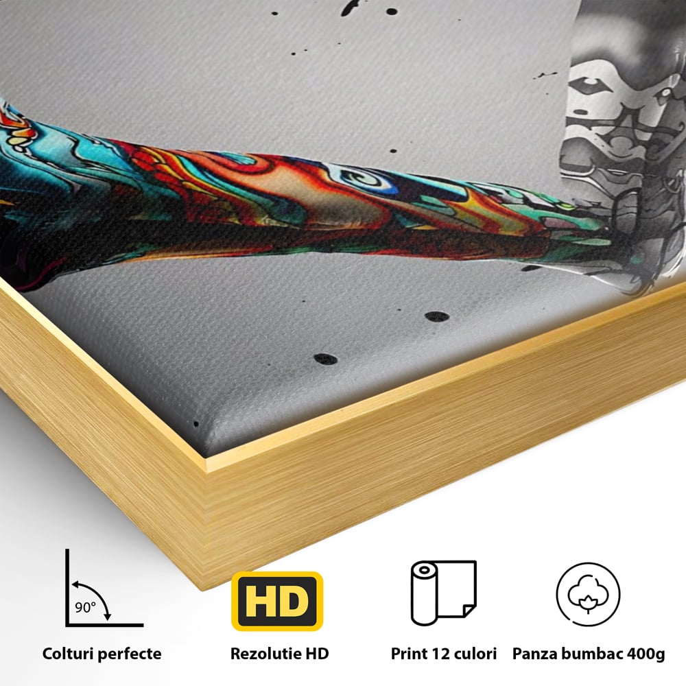 Detaliu al suprafetei: tablou canvas cu maini in forma de inima stil grafitti, in rama de aluminiu auriu